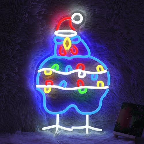Christmas Chicken Neon Sign with Santa Hat - Festive Party Decoration