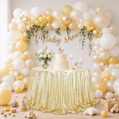 Light Gold Sequin Round Tablecloth 120 Inch Sparkly Cover for Parties & Events