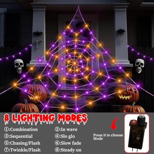 Outdoor Halloween Spider Web Decorations with 260 LED Lights, Waterproof, 16.4 ft Large Web with Spider & Stakes