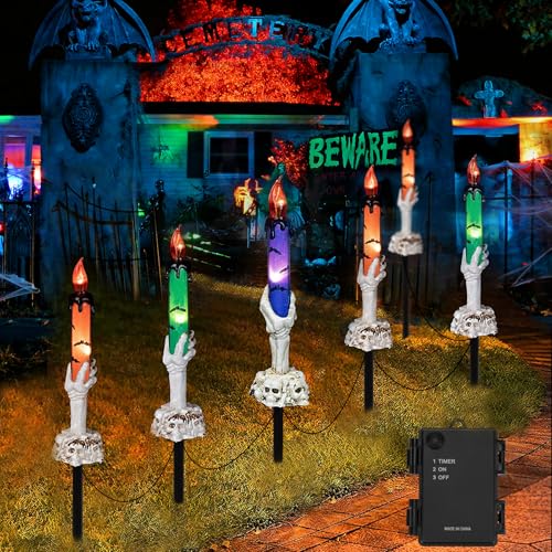 6 Pack Halloween Pathway Lights Lighted Candle Stakes Outdoor Yard Decor - Battery Operated
