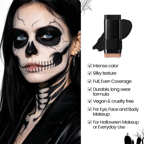 Black Dual-Ended Face & Body Paint Stick with Brush - Full Coverage Makeup for Cosplay & Halloween - Variation #01 Black