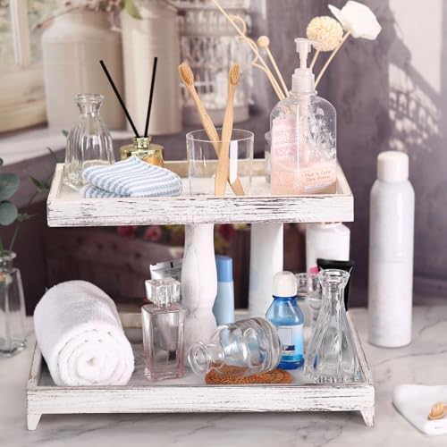 White Farmhouse 2-Tier Wooden Tray Stand - Rustic Kitchen Decor