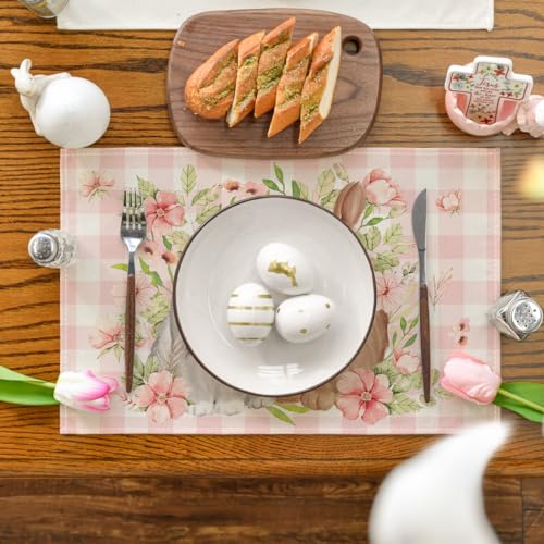 Pink Bunny Rabbit Flowers Easter Placemats Set of 4 - 12x18 Inch Spring Table Decor