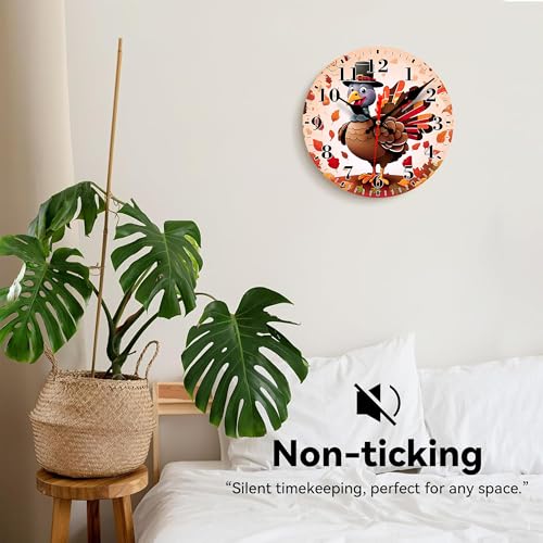 Silent Battery Operated Wall Clock - Cute Thanksgiving Turkey Decor 12 Inch
