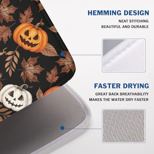 Halloween Maple Leaf Dish Drying Mat - Spooky Orange & White Pumpkin, 18x24 Inch, Reversible Microfiber Kitchen Counter Pad