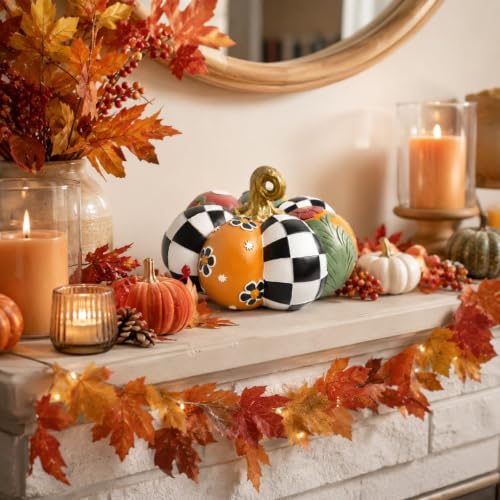 Black and White Checkered Pumpkin Figurine for Fall Table Decor