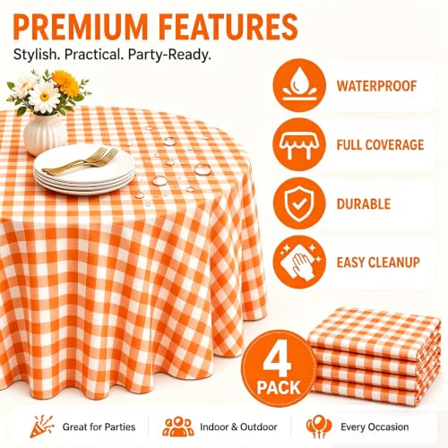 Orange Gingham Round Tablecloth 84 Inch - 4 Pack, Disposable Plastic Cover - Variation of Orange Checkered Round / 84"