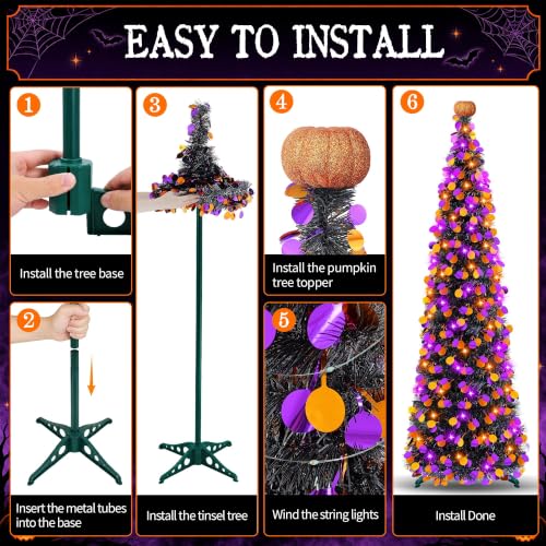 5FT Halloween Tinsel Tree with Orange Purple Lights, Collapsible Indoor Decor - Variation of THIS listing