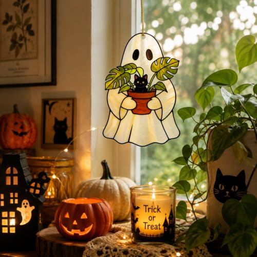 Halloween Black Cat & Ghost Suncatcher Faux Stained Glass - Colorful Variation