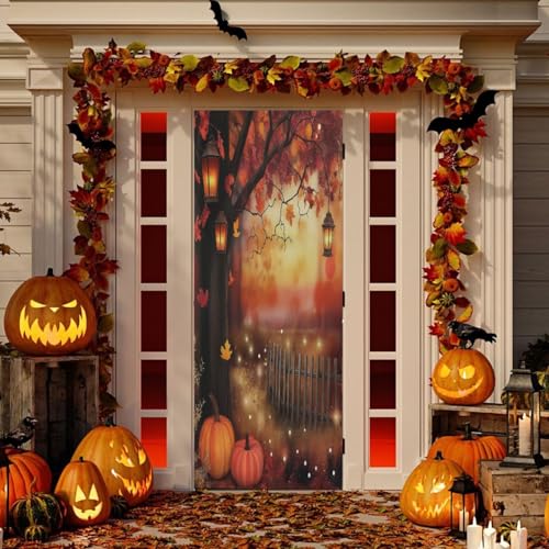 Thanksgiving Pumpkin Harvest Door Cover - Stretchy Fabric, 35x79 Inches - Holiday Home Decor