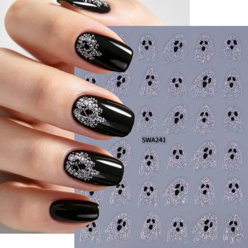 Cute Ghost Halloween Nail Stickers - 6 Sheets Glitter 3D Self-Adhesive Nail Decals