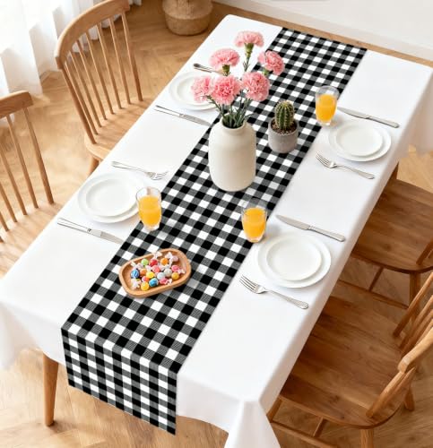 Black Gingham Table Runner - 6 Pcs Disposable Checkered Tablecloths 14x108 Inches - Party & Picnic Decor
