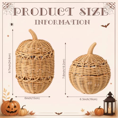 Set of 2 Woven Rattan Pumpkin Decor - Fall Wicker Centerpieces for Autumn and Thanksgiving