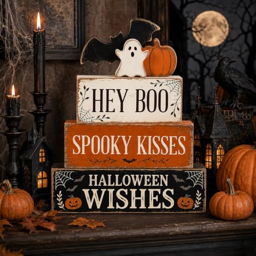 Halloween Wooden Tiered Tray Decor Set - Ghost & Jack O Lantern Signs, Indoor Festive Display
