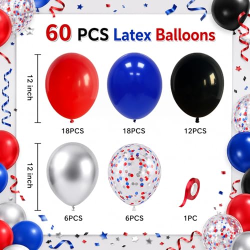 Red Blue Black Silver Balloons Set - 60PCS Party Decorations with Confetti Balloons & Ribbon