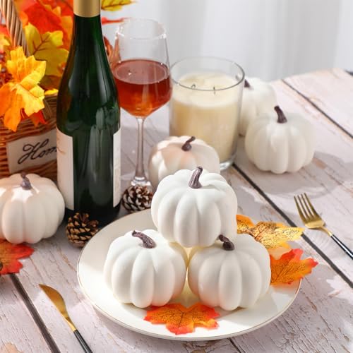 White Artificial Pumpkin Decor Set - 60 Mini Foam Pumpkins for Fall Halloween Thanksgiving
