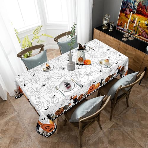 Halloween Spiderweb White Tablecloth 60 x 120 Inch - Washable Fabric Party Decor