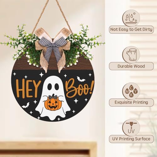 Halloween Door Sign Outdoor Decor Ghost Pumpkin Wreath - Hey Boo Variation
