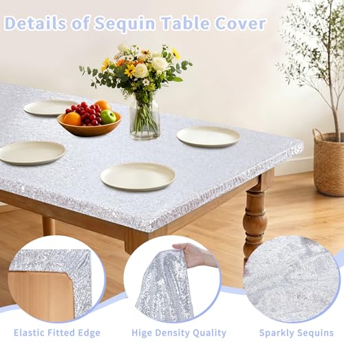 Silver Sequin Fitted Tablecloth for 4ft Rectangular Table - Elastic & Windproof