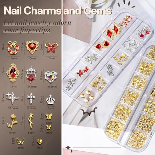 Nail Charms and Gems Kit with 4 Boxes of Gold Nail Decorations & Tools