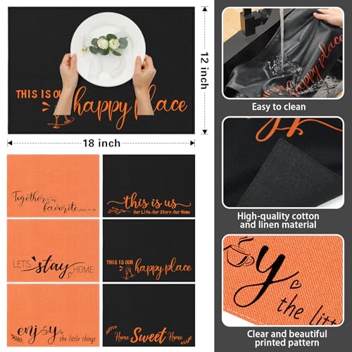 Fall Placemats Set of 6 with Sayings - Orange & Black Farmhouse Style - Classic Design
