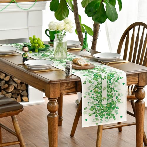 St. Patrick's Day Table Runner 13x90 Inch Clover Leaves Heart Decor Green