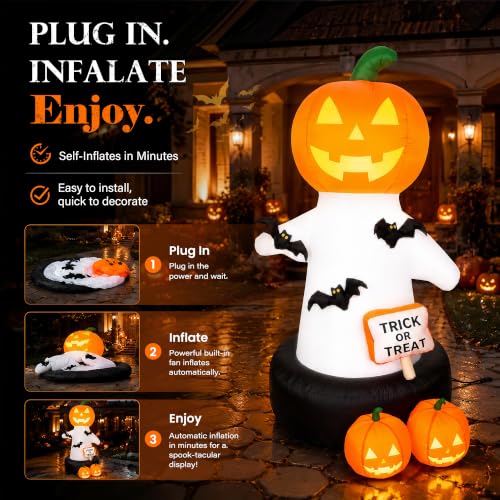 White 6 Ft Tall Halloween Inflatable Pumpkin with Bat & Trick or Treat LED Decor
