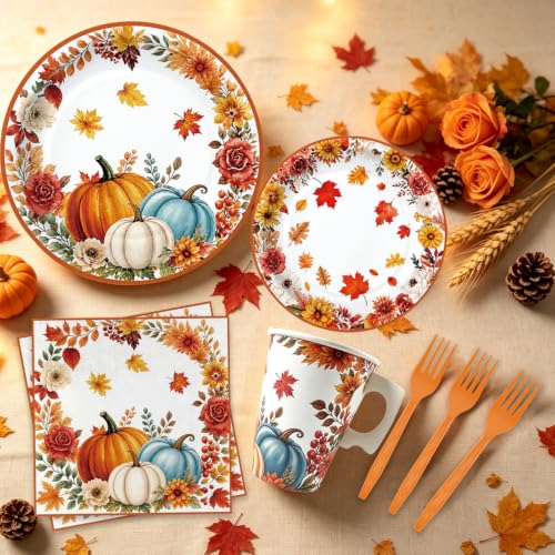 Fall Autumn Disposable Dinnerware Set for 24 Guests - Plates, Napkins & Utensils