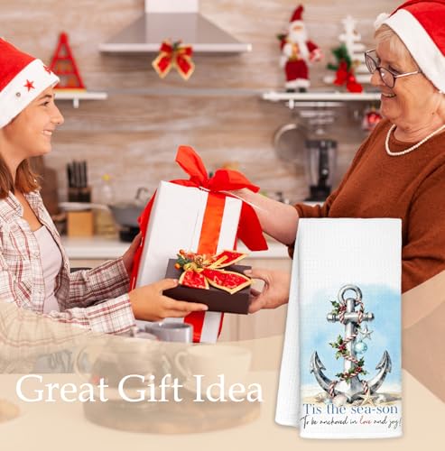 Nautical Anchor Coastal Christmas Kitchen Towels - 16x24 Inch Hand Towels for Bathroom & Kitchen Decor