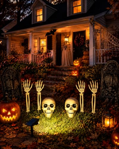 6+1P Halloween Skeleton Decorations Outdoor with Solar Spotlight & 2 Skull