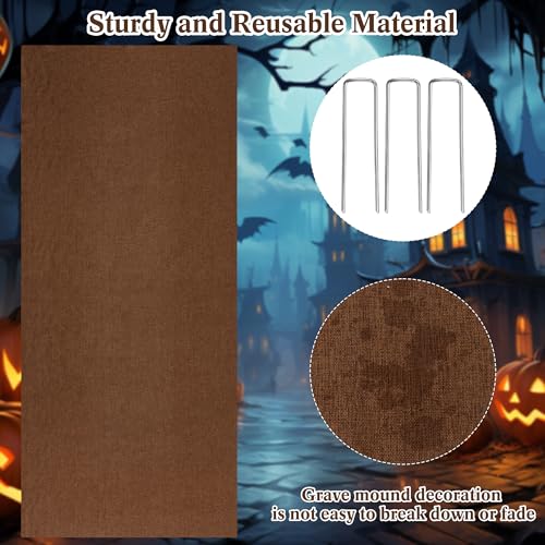 Halloween Graveyard Mound Cover Set - Brown Burlap Haunted Cemetery Decor, 5.9 x 2.3 ft, 2-Pack with Stakes