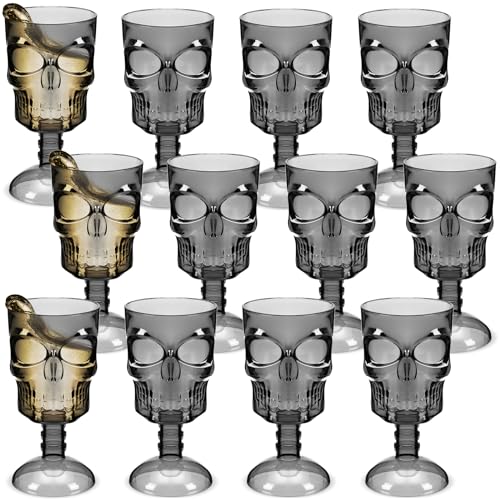 Halloween Skull Goblet Set of 12 - Black Plastic Gothic Party Cups, Skeleton Design
