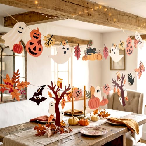 Halloween Fall Decorations - 2PCS Ghost & Pumpkin Banner Set Black Silver Gold Variation