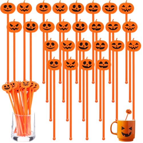 Halloween Pumpkin Drink Stirrers - Orange Swizzle Sticks, 30 Pack