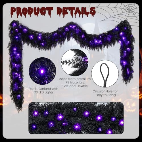 Black Halloween Garland with Lights - 9FT Prelit Fake Cedar for Indoor Outdoor Decor - Variation of THIS listing 1