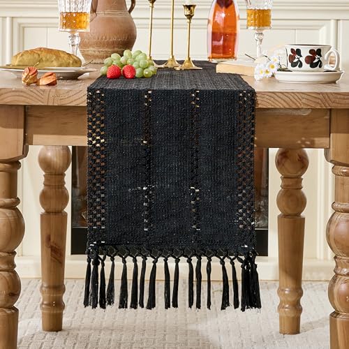 Black Boho 12-Inch Cotton Table Runner with Tassels - Rustic Modern Decor