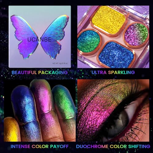 UCANBE Multichrome Chameleon Eyeshadow Palette - 4 Color Holographic Metallic Glitter