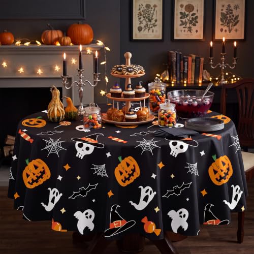Halloween Tablecloth 4 Pack | Pumpkin Ghost Round Plastic Cover 84" - Home Decor & Party Supplies