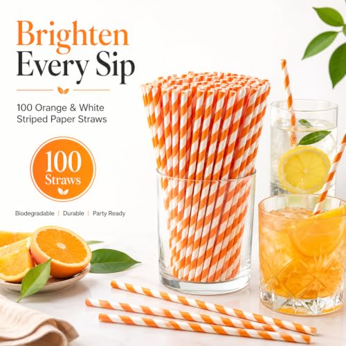 Orange Disposable Paper Straws - 100 Biodegradable Cocktail & Party Straws