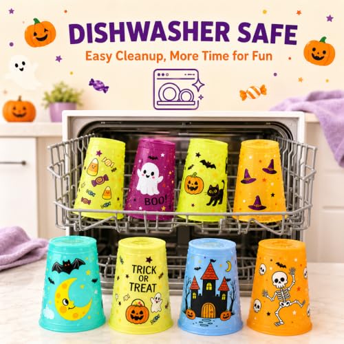 8 Pack Reusable Color Changing Halloween Cups with Lids & Straws for Kids - 16oz