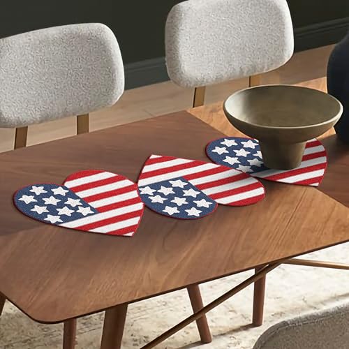 Beaded Table Runner 13x36 Inch Heart Flag Design Patriotic Decor - White Red Blue Variation