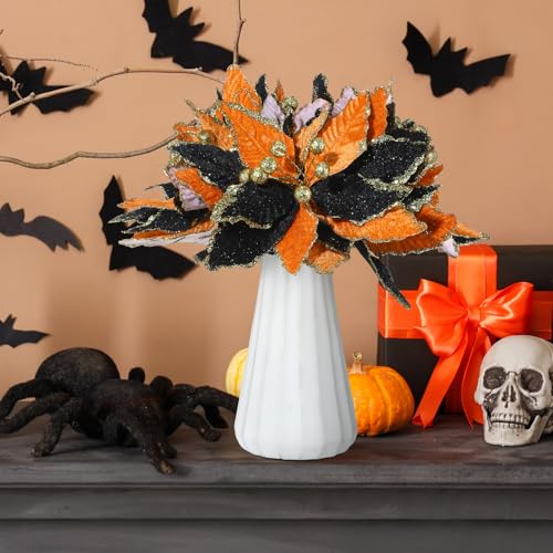 Halloween Black Orange Poinsettia Flowers - Velvet 8-Inch, Set of 8 - Variation of THIS listing