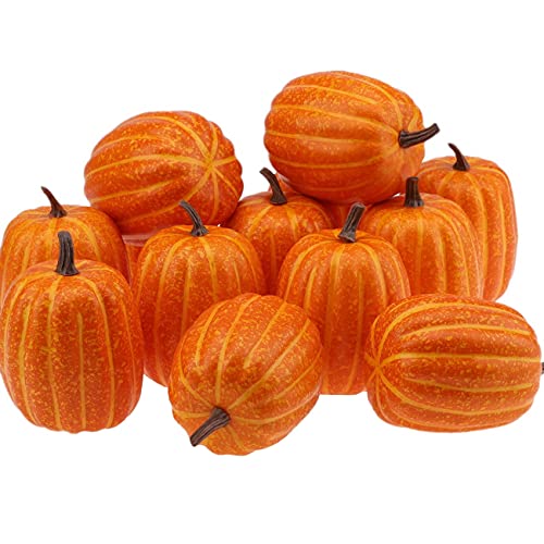 Artificial Orange Pumpkin Set - 6 Faux Fall Decorations for Halloween & Thanksgiving