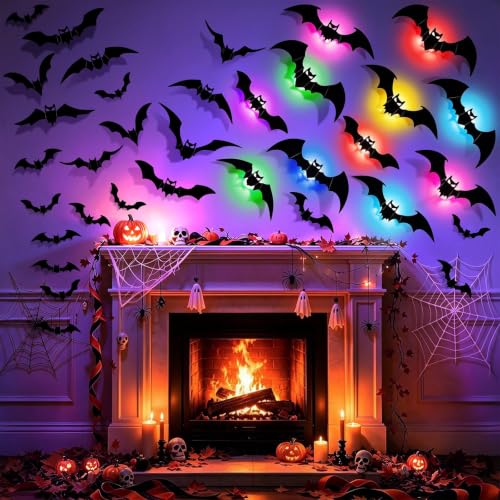 Halloween Bat Decorations Set with Rechargeable Lights - Black, 48 Bats + 12 Lights