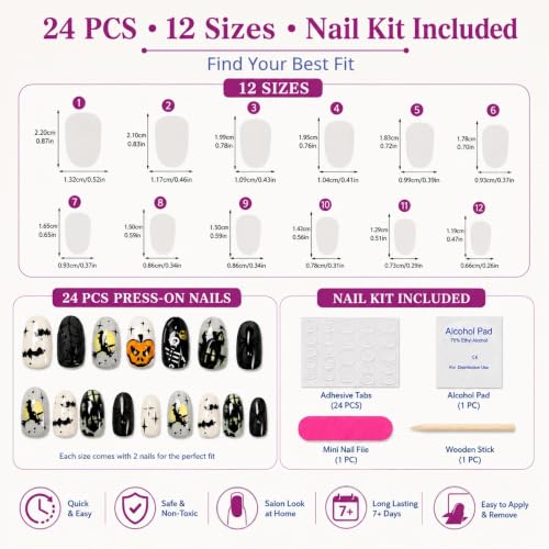 Halloween Press On Nails Witch Pumpkin Skull Oval Fake Nails - White Ash Orange, 24 Pcs