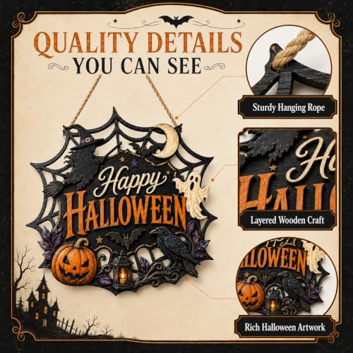 Halloween Wooden Door Sign - Haunted Ghost Witch Pumpkin Hanging Decor for Front Door