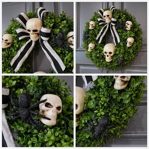Halloween Front Door Wreath 20 Inch Faux Boxwood Skull Spider Decor