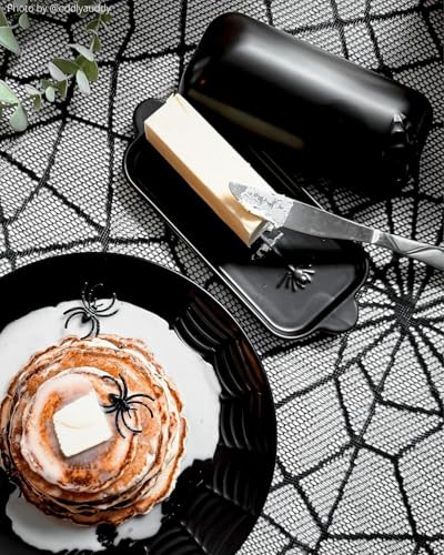Halloween Spiderweb Butter Dish with Lid - Gothic Black Ceramic