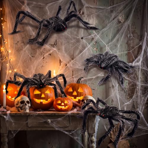 Halloween Spider Decorations Set - Black & White, 4 Pcs with Various Sizes - Creepy Indoor & Outdoor Decor