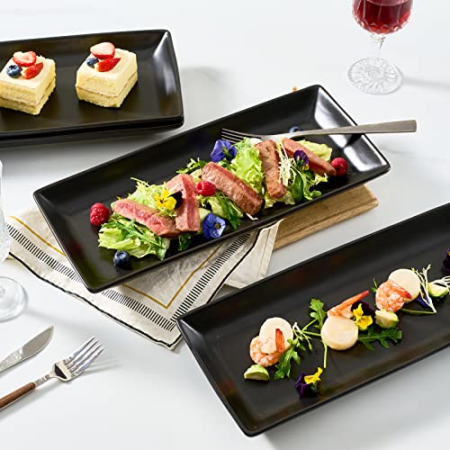 Black Porcelain Serving Platters Set of 4 - 14 Inch Rectangular Dinnerware